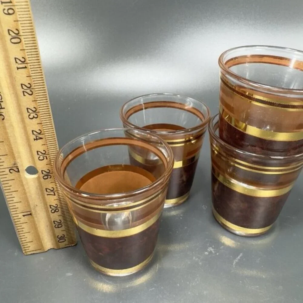 Culver Faux Tortoise Banded Shoot Glasses Set 4 Brown Barware Cups Glasses‎ VTG